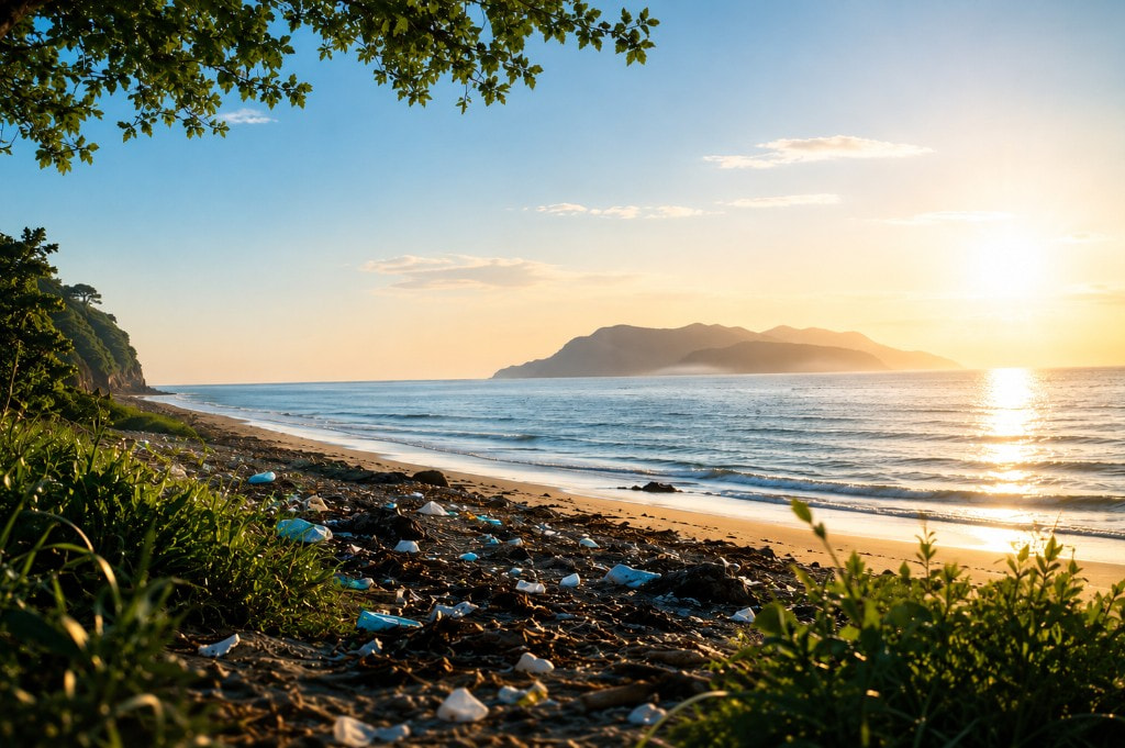 Plastic litter on a golden-hour beach — the problem Eden exists to reverse
